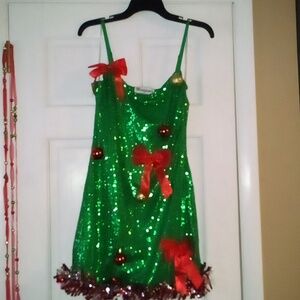 Christmas Party Green Tree Sequin Fitted Dress w Red & GOLD Details NWT